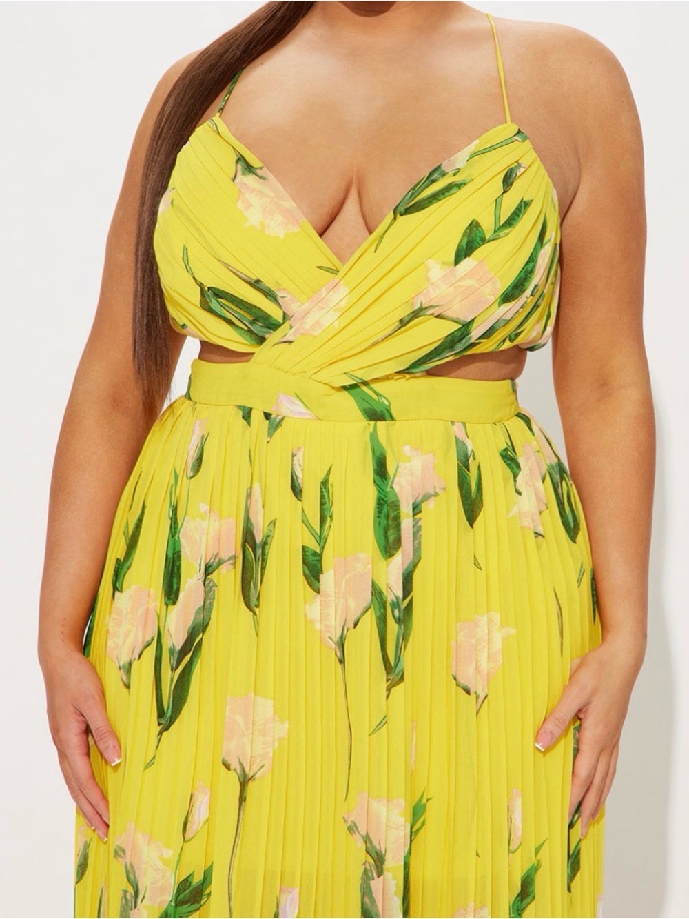 Fashion Nova Yellow Floral Strapless Pleated Maxi Dress